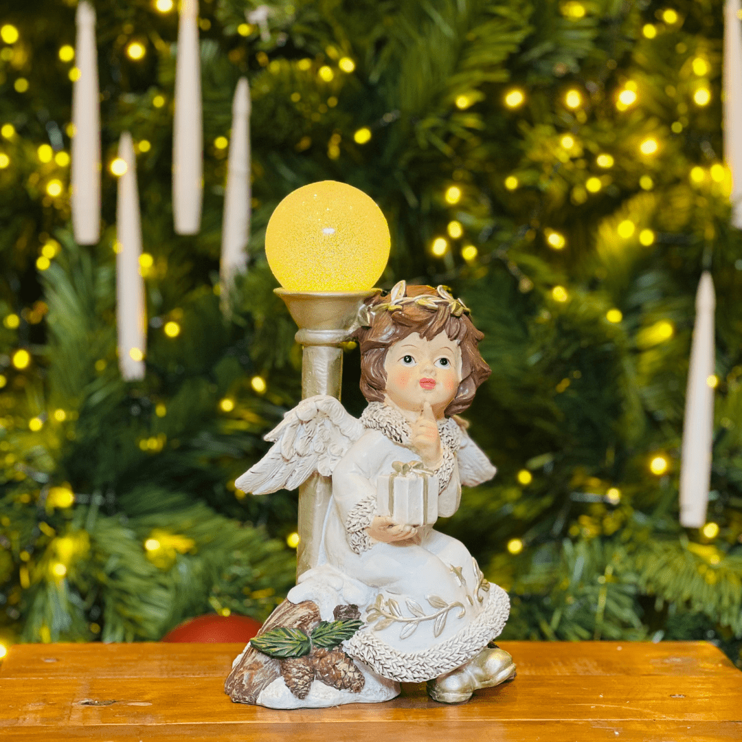Anjo Natalino Branco de Resina Com Led 24,5x15,5x11cm