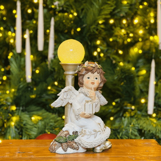 Anjo Natalino Branco de Resina Com Led 24,5x15,5x11cm
