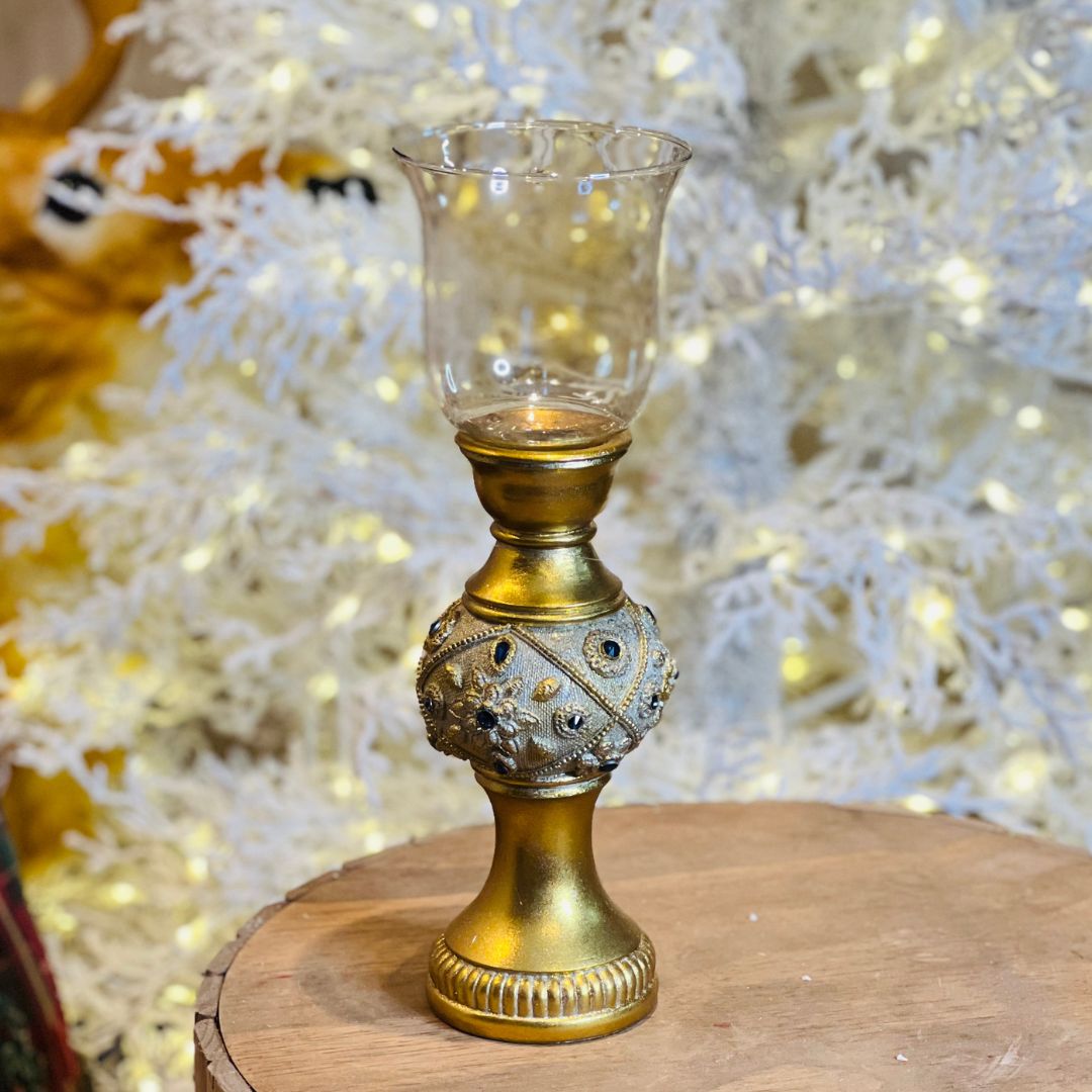 Castiçal Com Pedrarias Azuis - Dourado 38x13cm