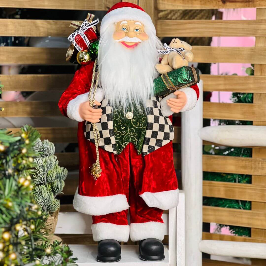 Papai Noel Casaco Checker Veludo Vermelho – 60cm