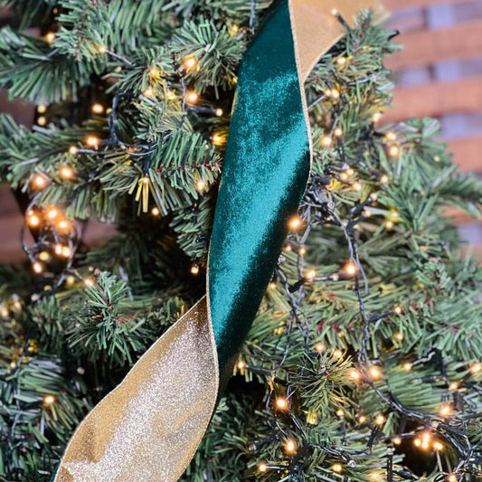 Fita Aramada Veludo Dupla Face com Costura – Verde e Dourado 10cm x 5m