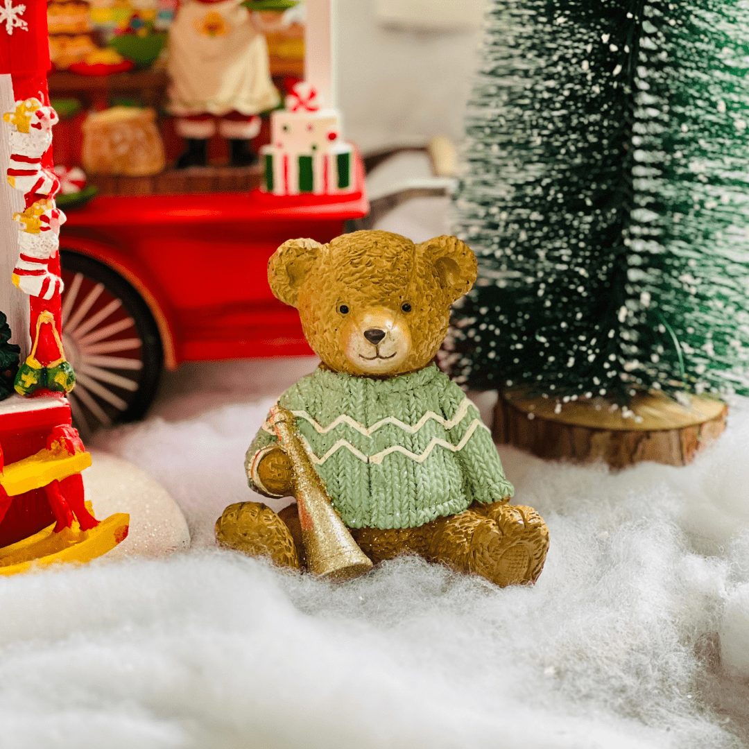 Urso Natalino Sentado Verde de Resina 10cm