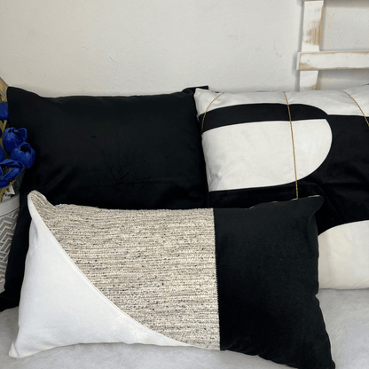 Capa De Almofada Veludo Luxor Preto e Branco Com Bordado Simples 43x43cm