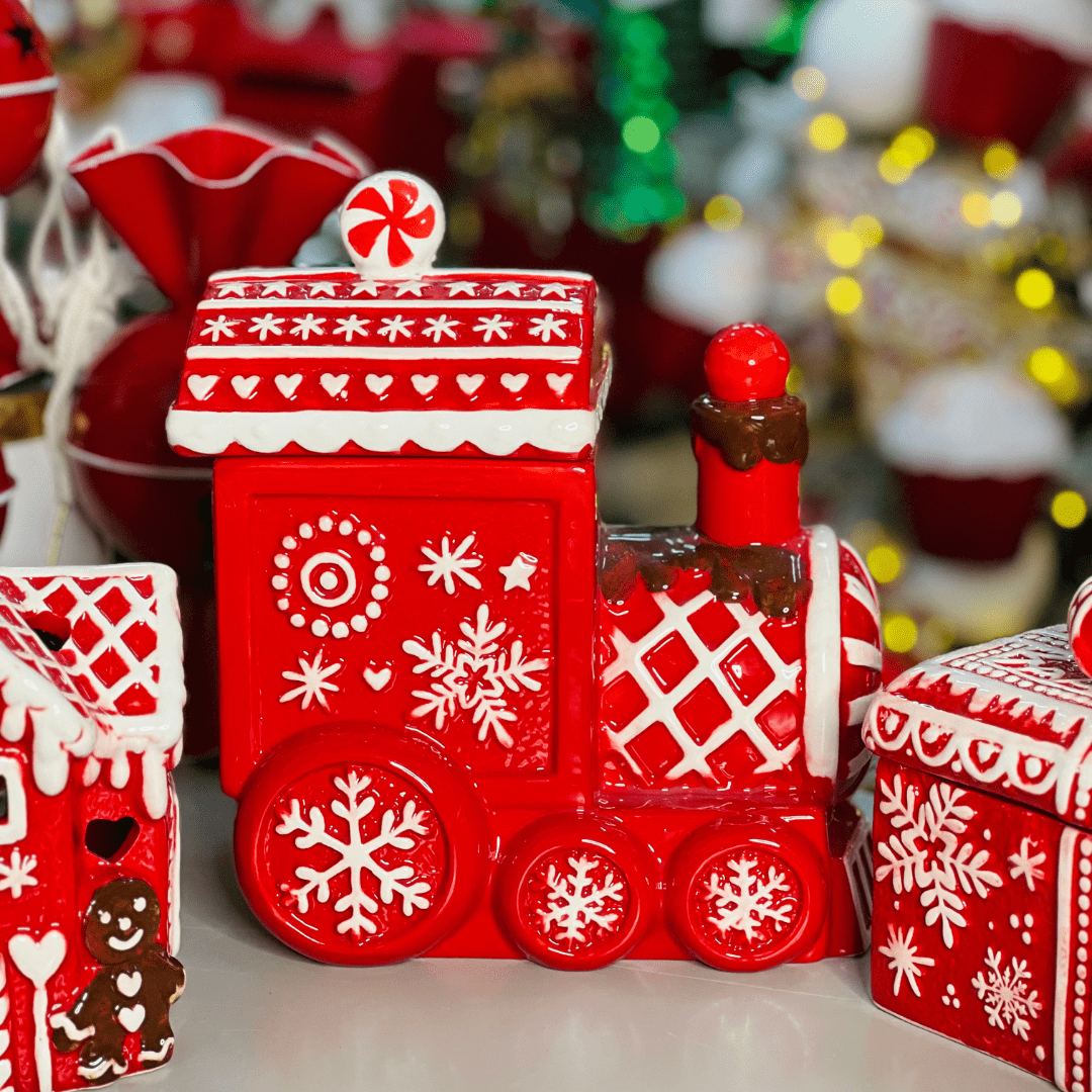 Pote Natalino Trem Vermelho e Branco de Cerâmica 22x15cm
