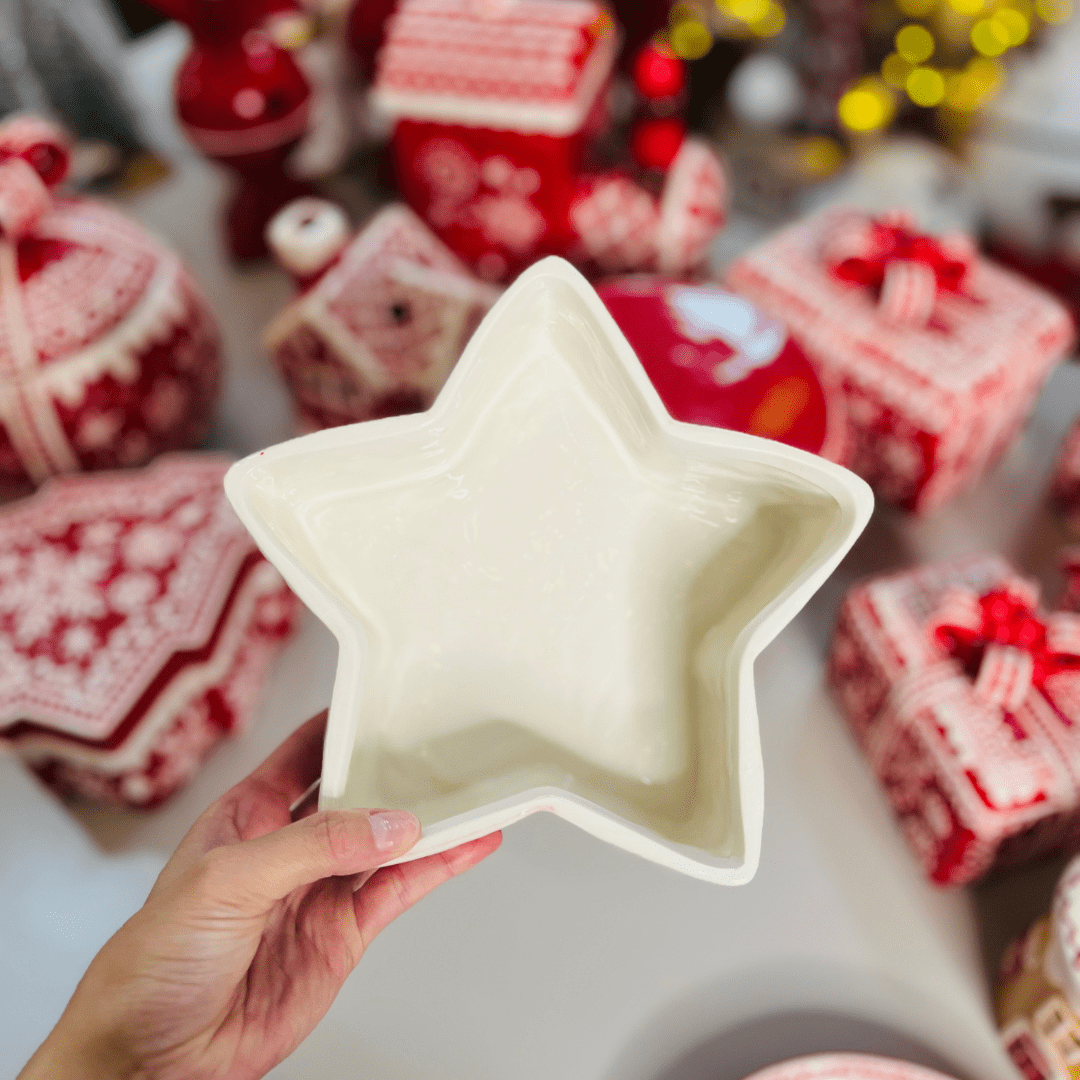 Pote Natalino Estrela Vermelho e Branco de Cerâmica 20x20x9cm
