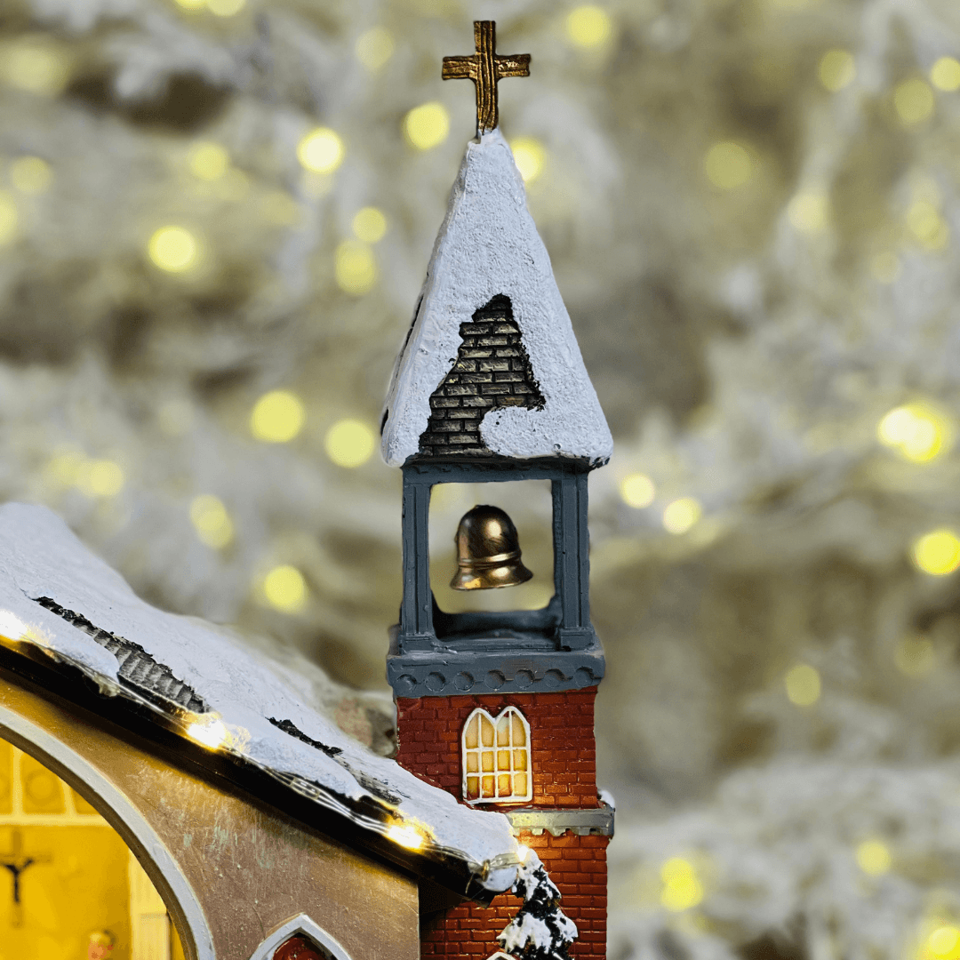 Cenário Natalino Igreja com Movimento e Som de Sino – 34cm
