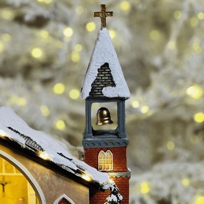 Cenário Natalino Igreja com Movimento e Som de Sino – 34cm