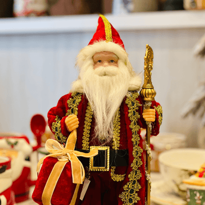 Papai Noel Em Pé Com Cajado Vermelho e Dourado 30cm