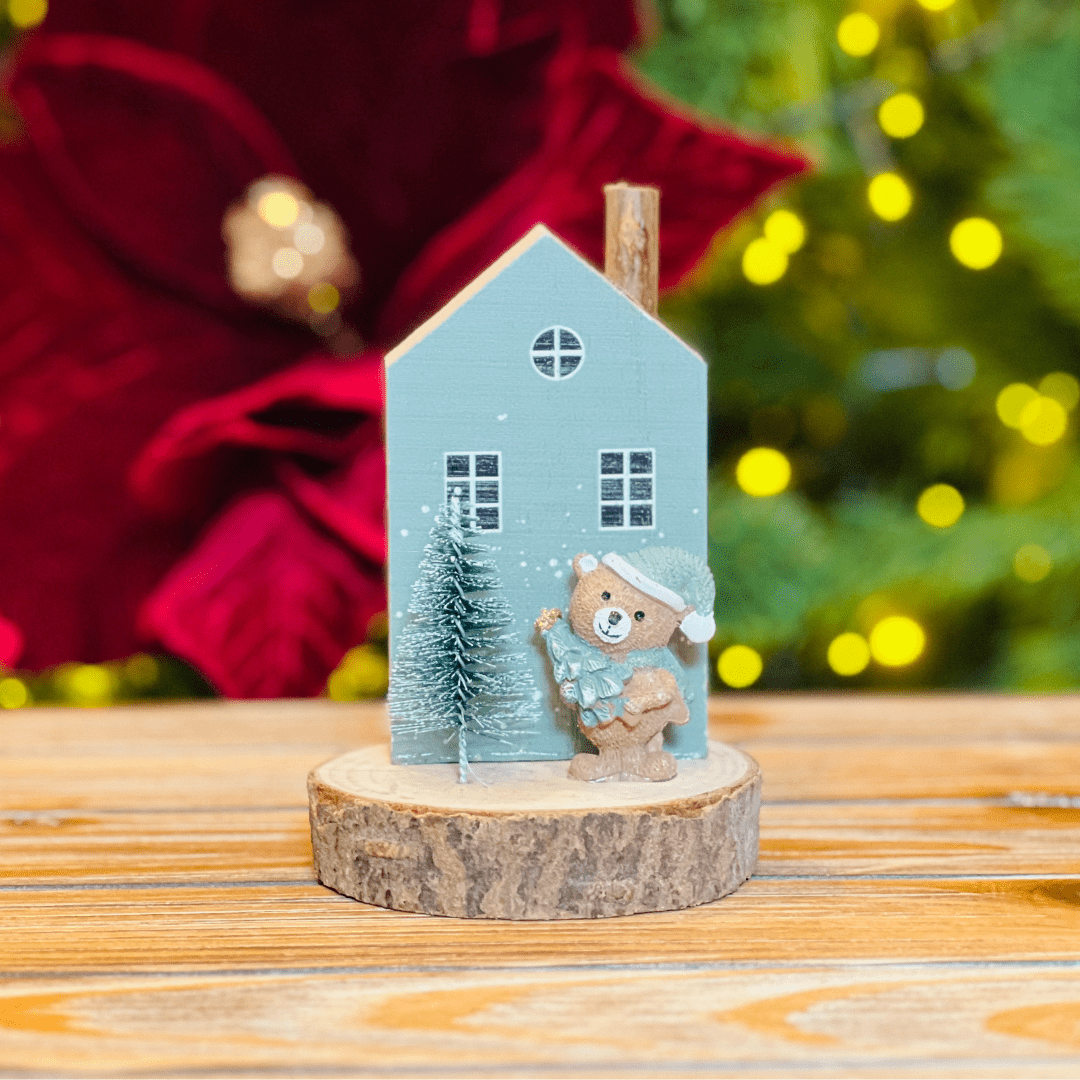 Casa Natalina Com Ursinho Verde 12x8,5cm