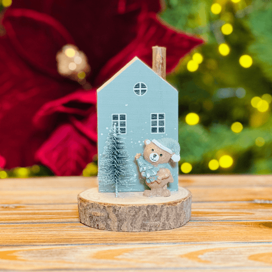 Casa Natalina Com Ursinho Verde 12x8,5cm