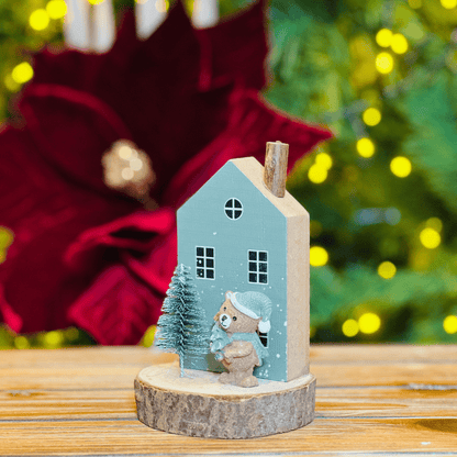 Casa Natalina Com Ursinho Verde 12x8,5cm