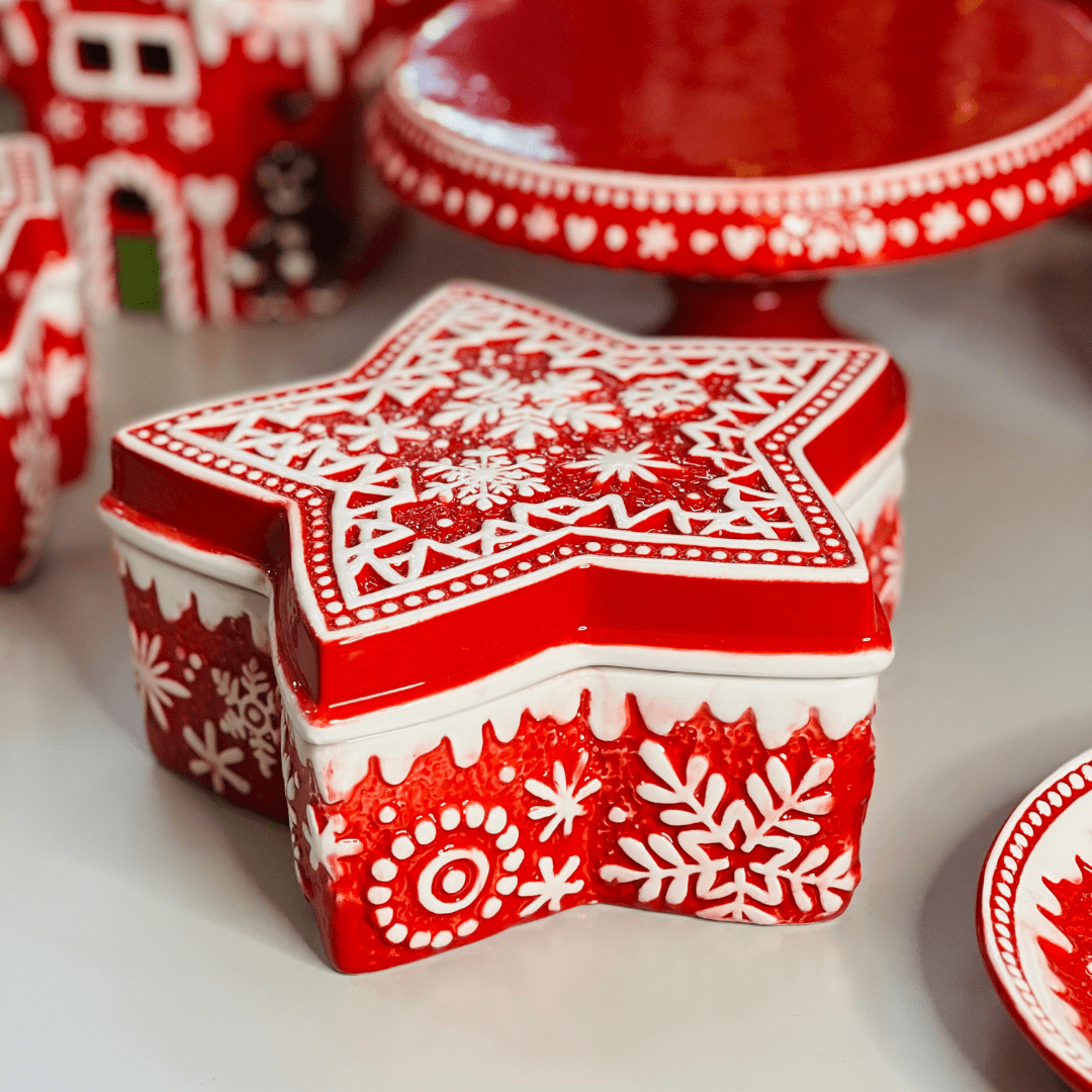 Pote Natalino Estrela Vermelho e Branco de Cerâmica 20x20x9cm