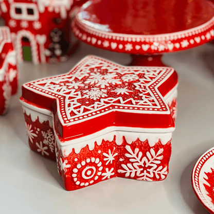 Pote Natalino Estrela Vermelho e Branco de Cerâmica 20x20x9cm