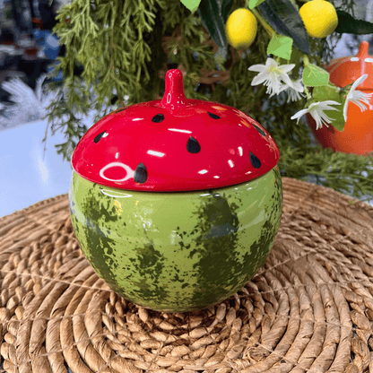 Pote Melancia Com Tampa Tutti-frutti de Cerâmica 730ml - 15x13cm