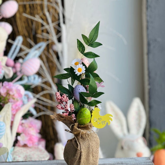 Arranjo Árvore Com Ovos, Coelho e Galinha - 38cm