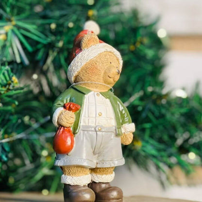 Urso Menino Resina -13cm Vermelho Verde