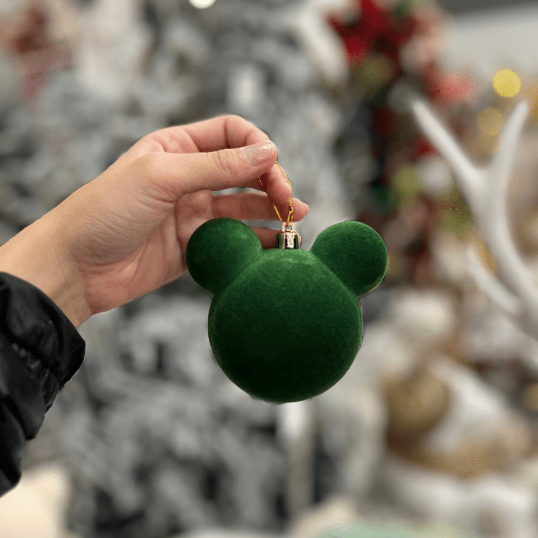 Jogo 4 Bolas Natalinas Mickey Verde Veludo 8cm
