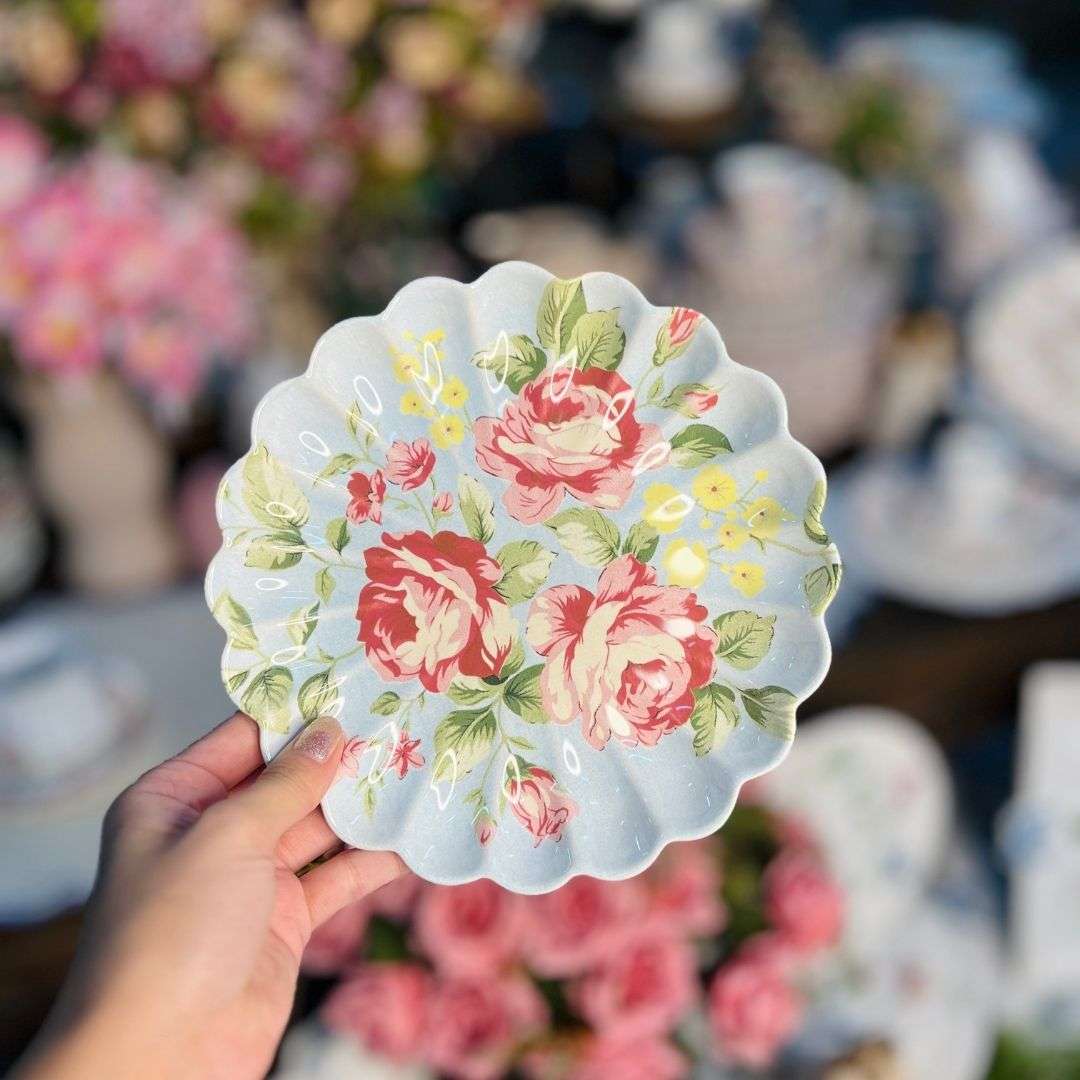 Prato Sobremesa Relevado Azul Com Rosas Vó Dulce - 20cm