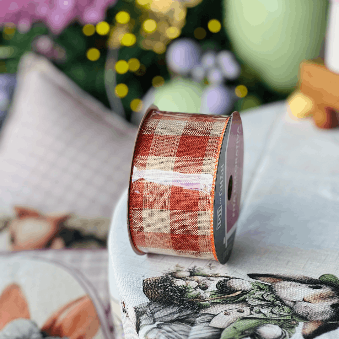 Fita Decorativa Aramada Xadrez Laranja e Bege 6,3cm x 9,14m