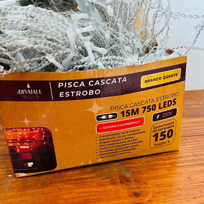 Pisca Cascata 15m com 750 LEDs | Branco Quente - 150 Estrobos 220V