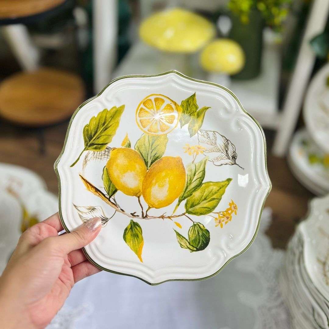 Prato Para Bolo Com Pé Toscana Branco Limão Siciliano - 22cm