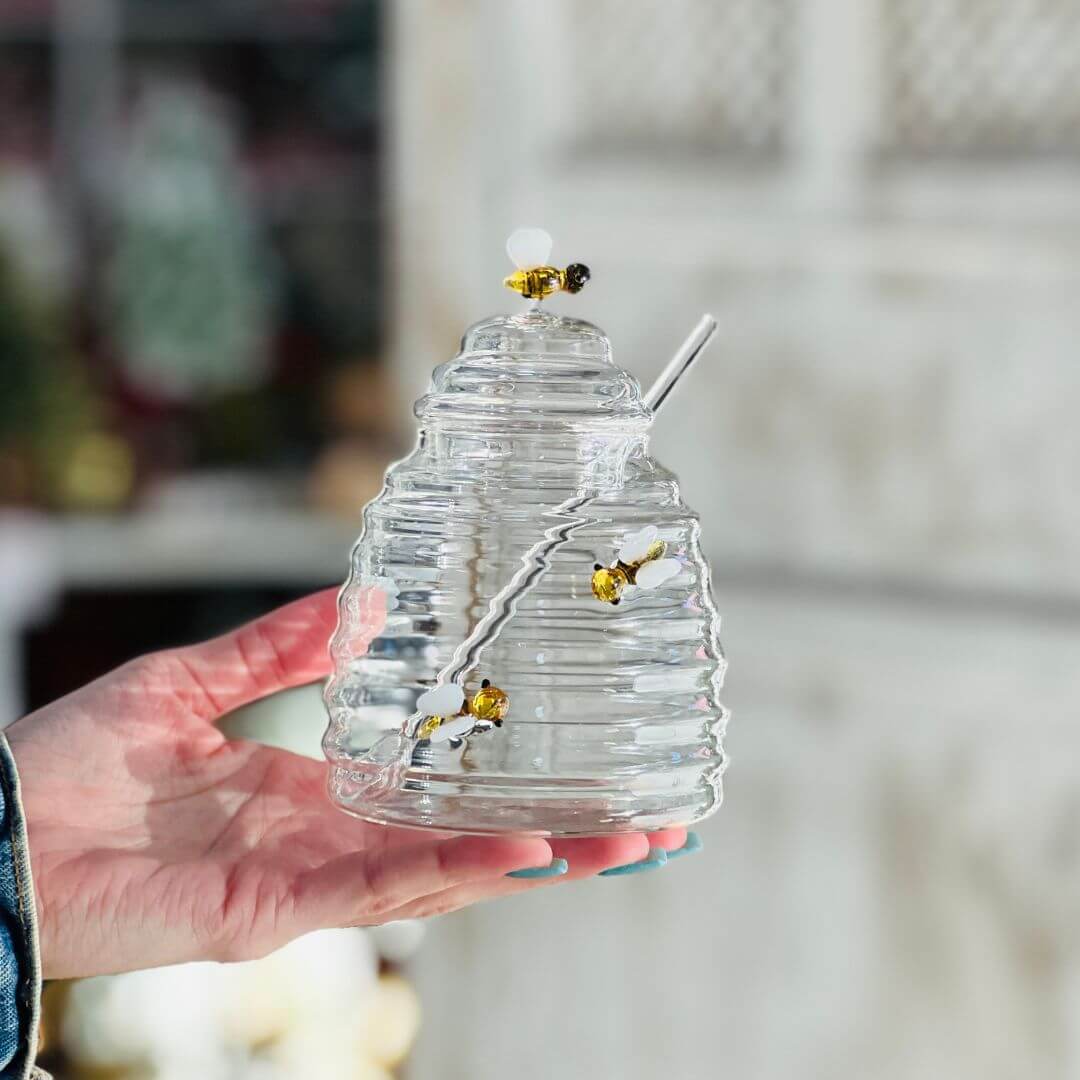 Açucareiro de Vidro Com Colher e Tampa Lovely Bee - 470ml