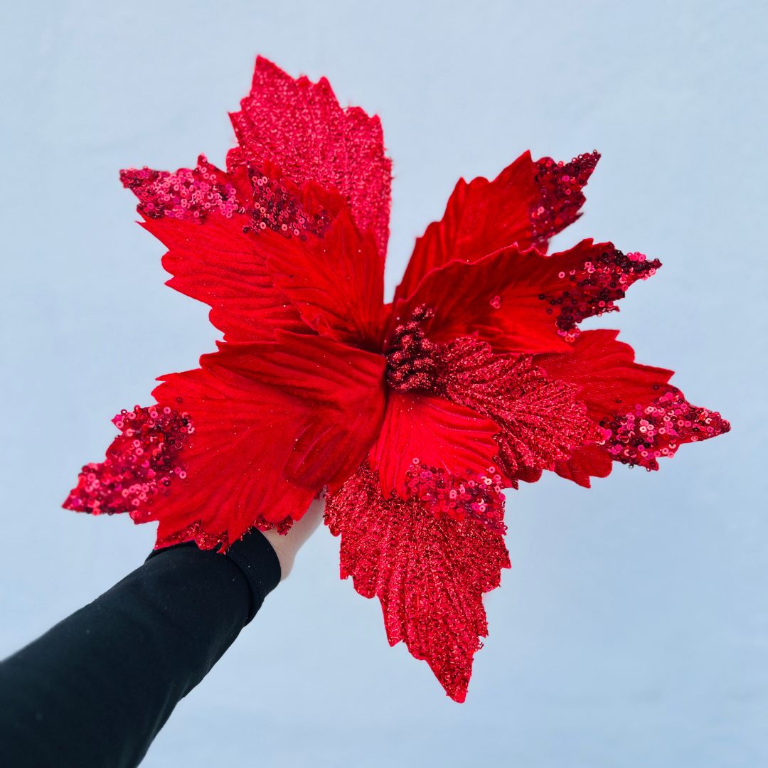 Flor Poinsettia com Glitter – 20cm