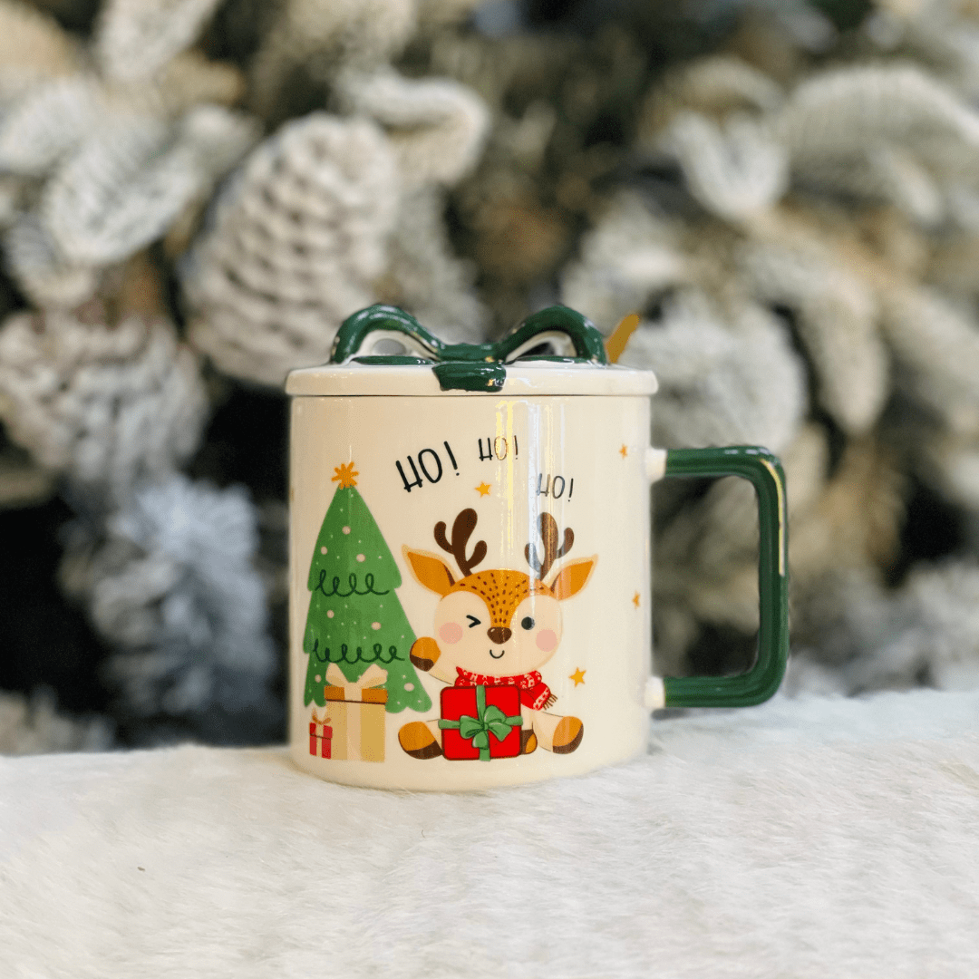 Caneca Natalina Rena Com Colher e Tampa de Cerâmica 300ml