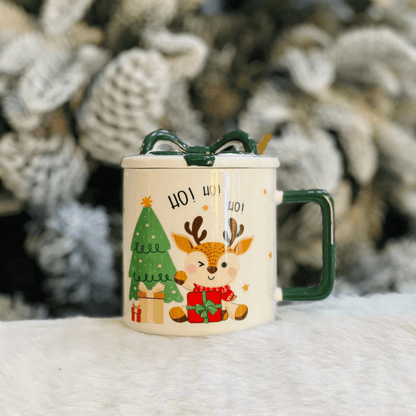 Caneca Natalina Rena Com Colher e Tampa de Cerâmica 300ml