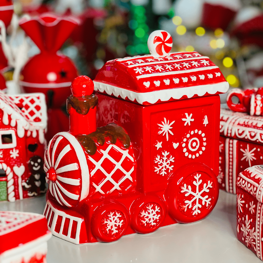 Pote Natalino Trem Vermelho e Branco de Cerâmica 22x15cm