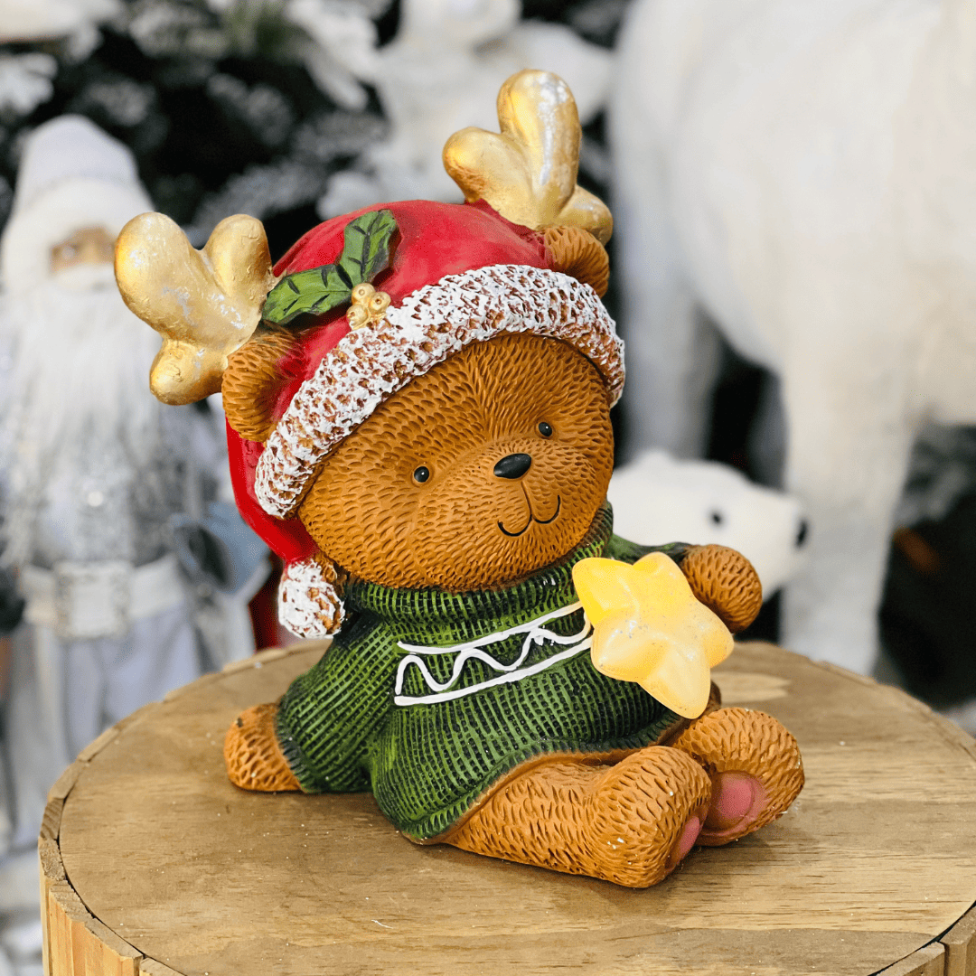 Urso Touca de Rena Natalino de Cerâmica Com Led 35cm