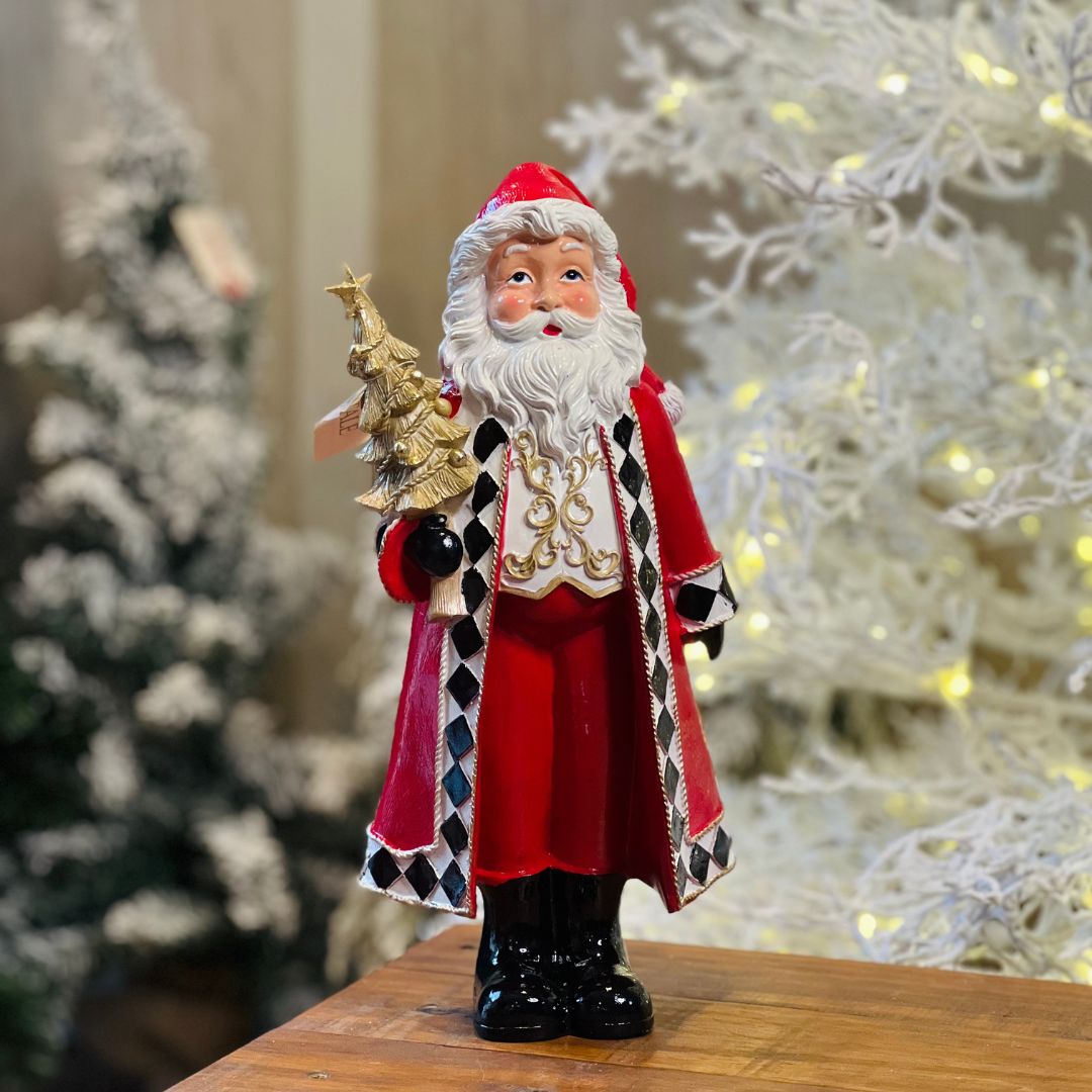 Papai Noel Com Pinheiro Dourado Resina - Alt 33 Cm