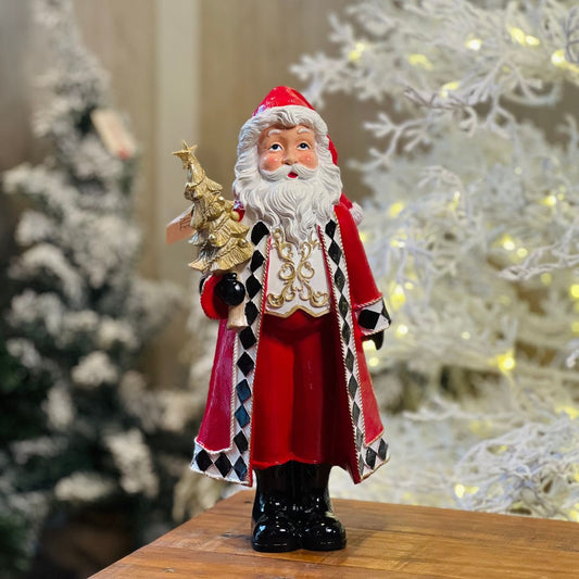 Papai Noel Com Pinheiro Dourado Resina - Alt 33 Cm