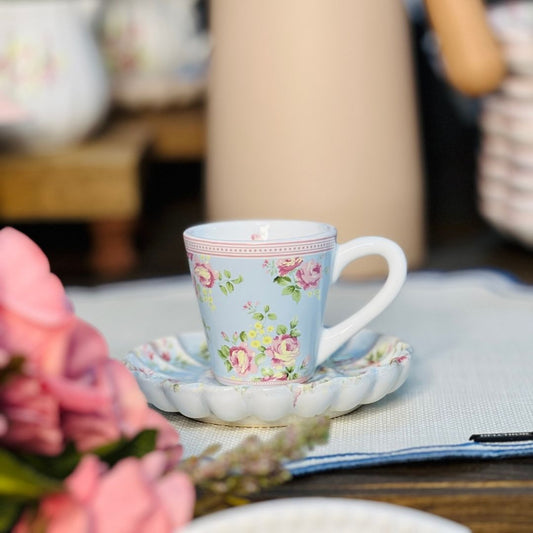 Xícara de Café Com Pires Azul Com Rosas Vó Dulce -100ml