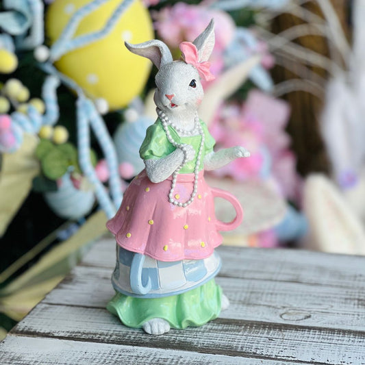 Coelha Decorativa Com Vestido de Xícara - 25cm (Alice no País das Maravilhas)