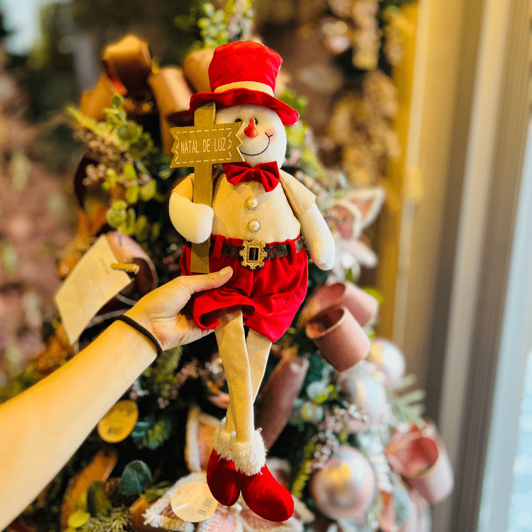 Boneco de Neve Natalino Sentado Vermelho e Dourado 54cm