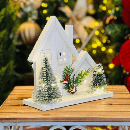 Casa Natalina Branca Com Led de Madeira 21x22x10cm