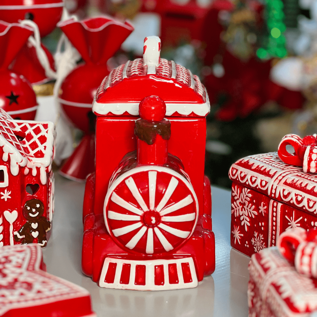 Pote Natalino Trem Vermelho e Branco de Cerâmica 22x15cm