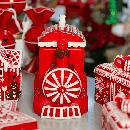 Pote Natalino Trem Vermelho e Branco de Cerâmica 22x15cm