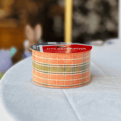Fita Aramada Decorativa Xadrez Laranja 6,3cm x 9,14m