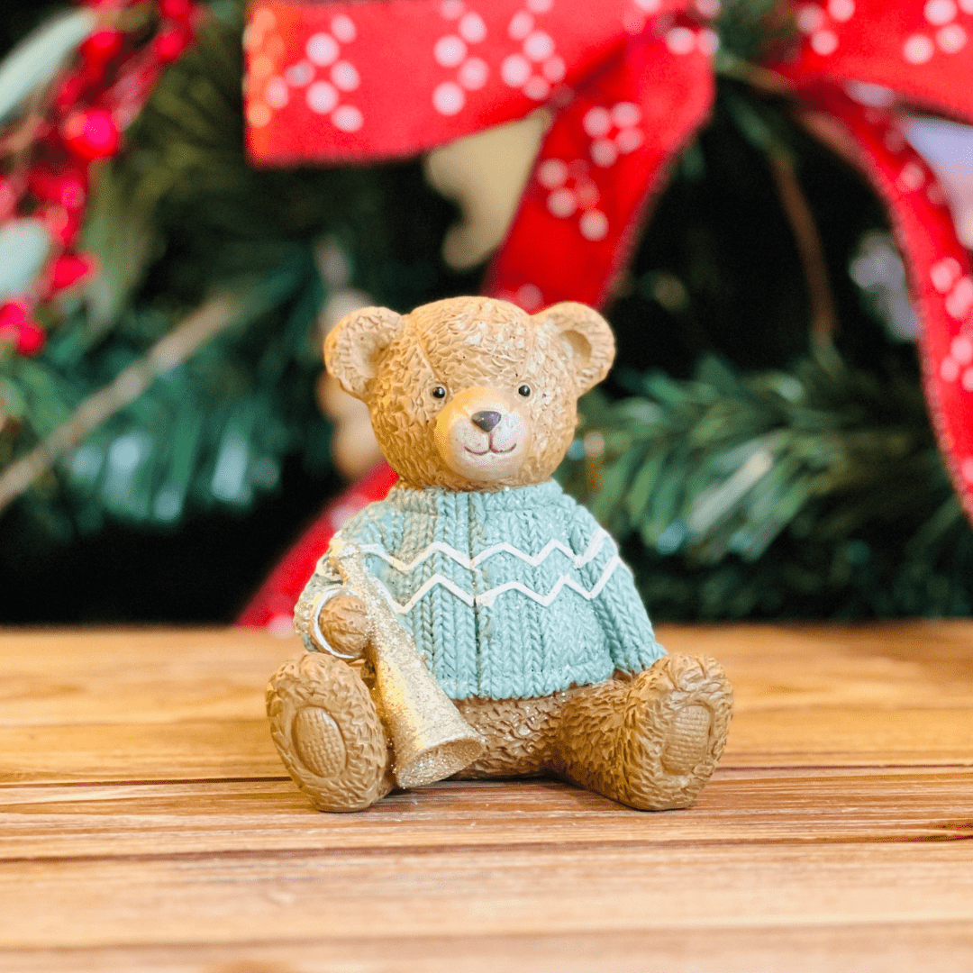 Urso Natalino Sentado Verde de Resina 10cm