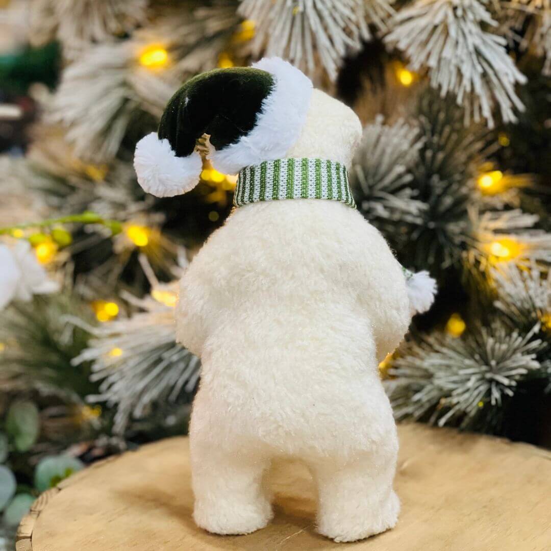 Urso Polar Natalino Em Pé Bege e Verde 30cm