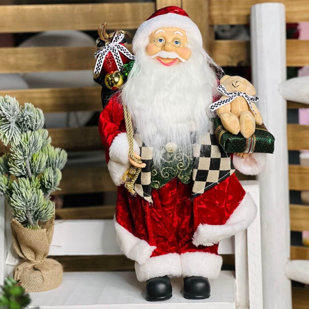 Papai Noel Casaco Checker Veludo Vermelho – 40cm