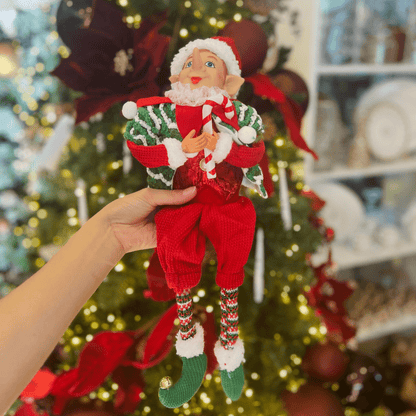 Elfo Natalino Sentado Candy Cane Vermelho e Verde 56cm