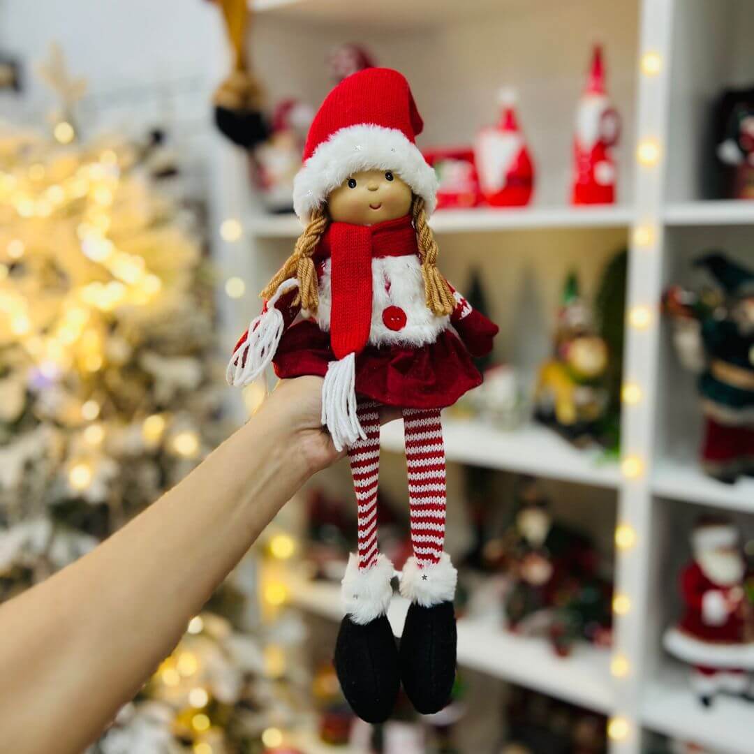 Menina Perna Longa Com Gorro Noel - 56cm
