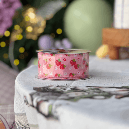 Fita Decorativa Aramada Morangos Rosa e Vermelho 3,8cm x 9,14m