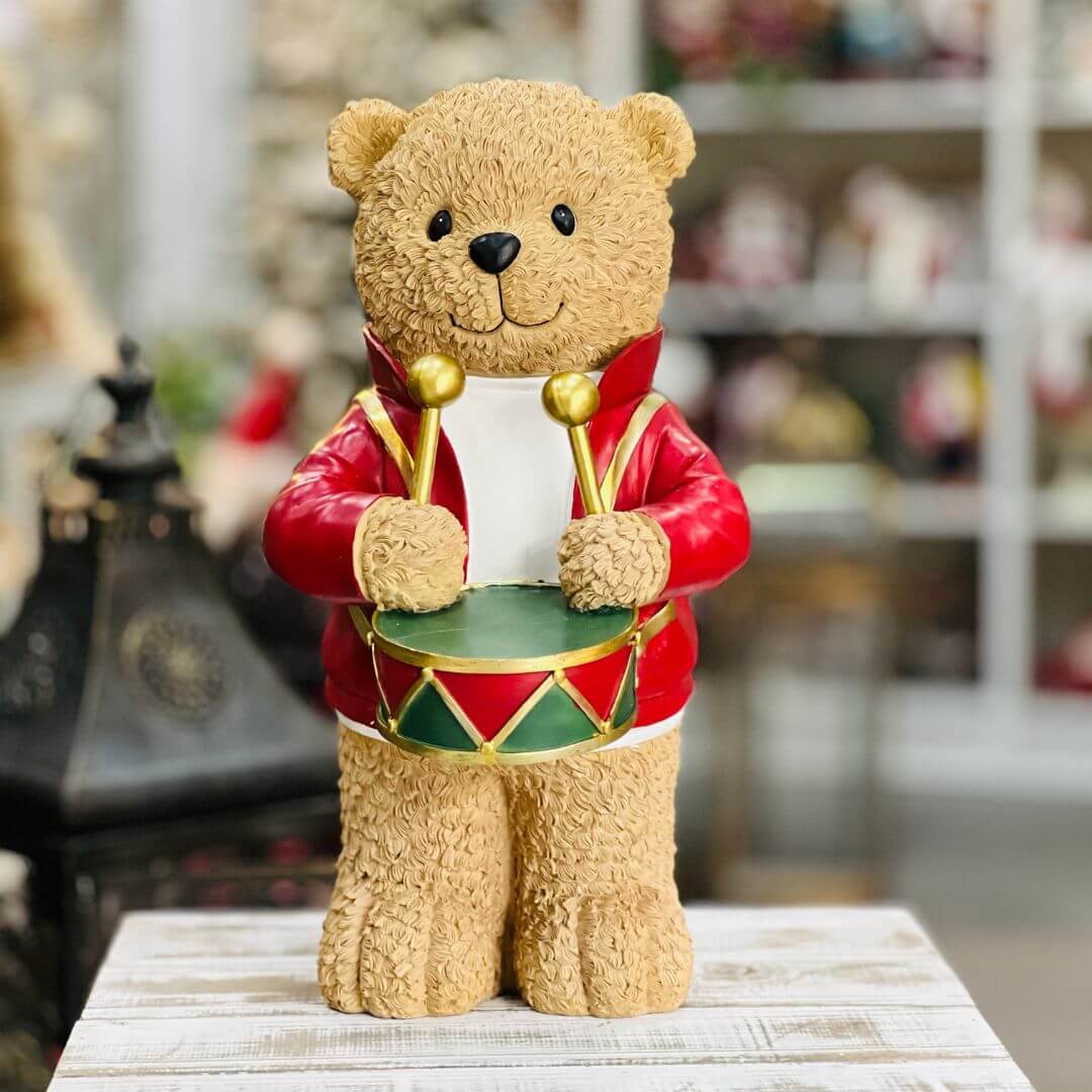 Resina Natal Urso Músico Com Tambor 43cmx23x22