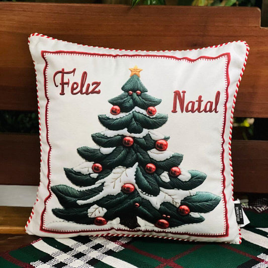 Capa Natalina Estampada Árvore Com Cordao 43x43cm