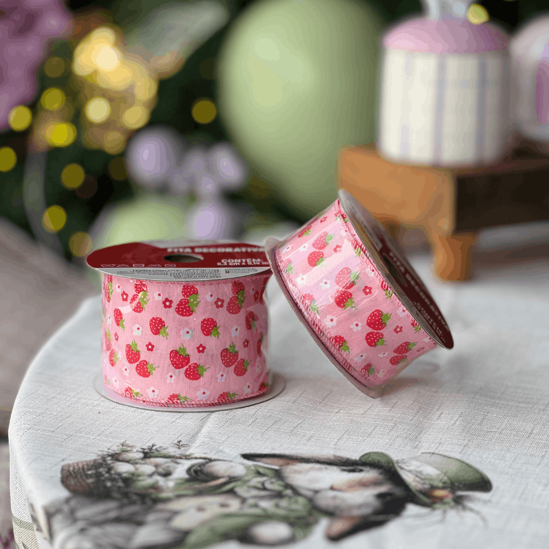 Fita Decorativa Aramada Morangos Rosa e Vermelho 6,3cm x 9,14m