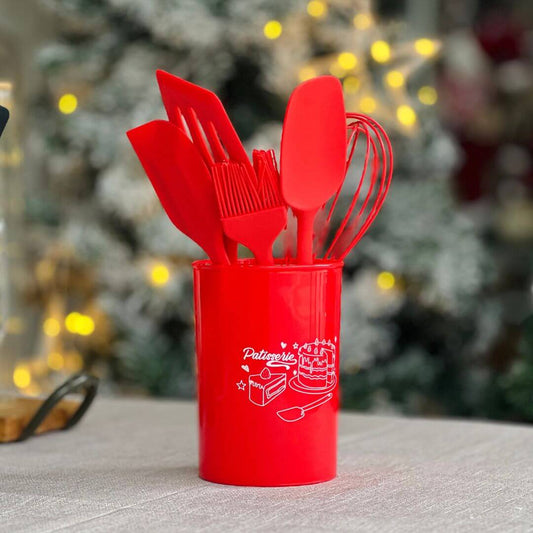Conjunto de 6 Utensílios para Confeitaria de Silicone Com Suporte Vermelho